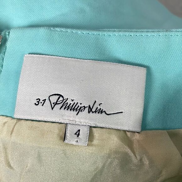 3•1 Phillip Lim Turquoise Skirt 100% Silk Lining 100% Leather Trim (Size: 4) - Picture 6 of 16